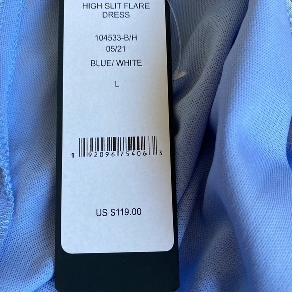 bebe High Slit Flare Blue and White Dress Size Large. New - Picture 8 of 13